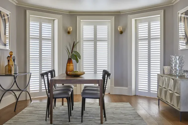 TS 2020 SHUTTERS ROCKBOURNE FULL HEIGHT SHUTTERS POLAR WHITE DINING LANDSCAPE