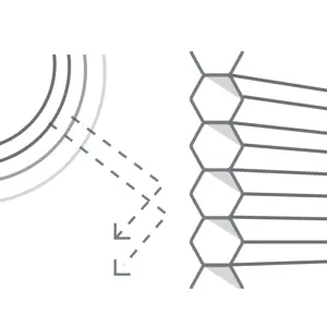Pencil-style drawing of honeycomb shaped blinds on right, sun on left and arrows from sun to blind indicating light flow.