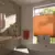 Bathroom with picture window in white wall, dressed in a cadmium orange blind in the middle of the window, side wall and floor tiled in metro stile in shades of brown, grey and copper, white bathtub in centre, pale wood shelf with white sink, cadmium orange towel on rail by window.