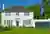 Large white house with bay windows, green door and attached garage in matching white with green door.