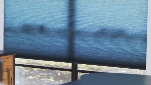 Close up of marine blue duette blind.