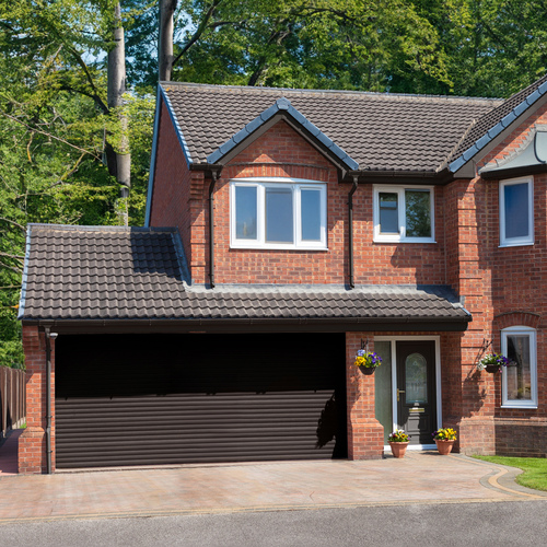 TS 2023 DOUBLE GARAGE DOOR ROLLER PROFESSIONAL 77 DARK BROWN SMOOTH RAL8019 LANDSCAPE 01