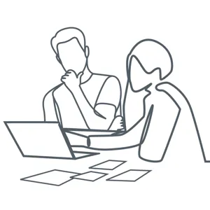 An illustration of a person talking with a consultant over a laptop, with garage door fabric samples on the table.