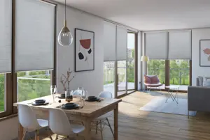 open plan living-dining room with floor to ceiling windows and doors left and rear, pale wood floor, neutral walls, wooden contemporary dining set, beige contemporary sofa, door open, all doors and windows dressed in pale grey duette blinds half lowered.)