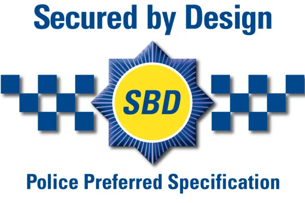 Logo of Secured by Design branding with Police Preferred Specification beneath a design of blue squares in a tesselated pattern either side of a blue star with a yellow centre with the initials SBD.