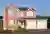 Large house in pale red brick with white arrisses, two integral garage doors in ivory, window frames and guttering in white.
