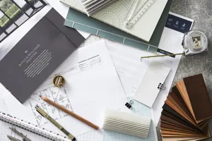 Pen, pencil, ruler, stencils, measuring tape and fabric swatches on a table